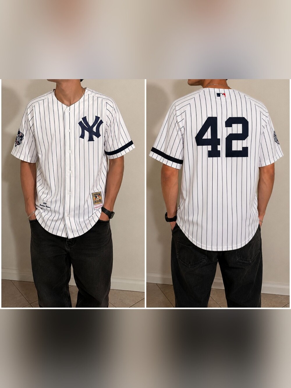 Mitchell & Ness New York Yankees Pinstripe Baseball Jersey - White/Navy L